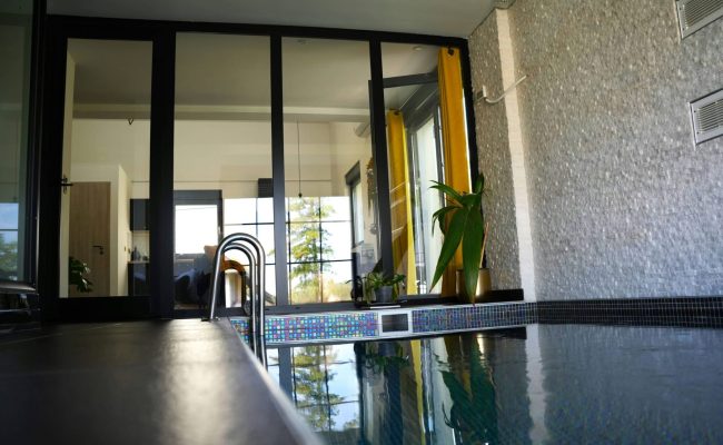 Piscine intérieure équipée d’une échelle offrant un accès pratique dans un cadre élégant et apaisant